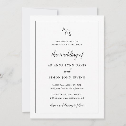 Invitation Monogramme blanc noir simple Mariage élégant (Devant)