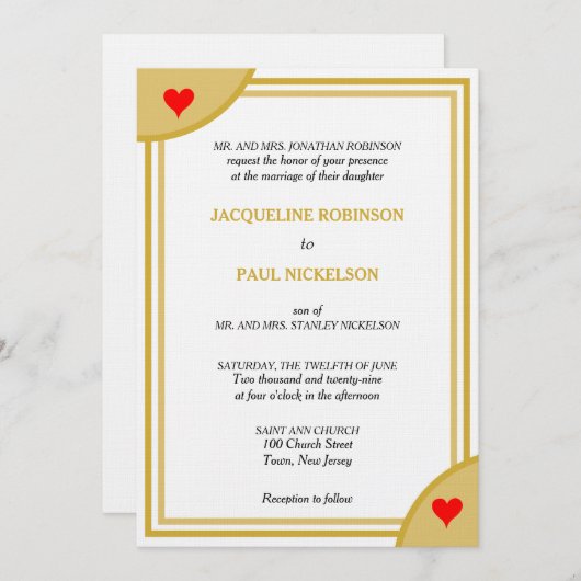 Invitation Monogramme blanc or Mariage géométrique Coeurs rou (Devant / Derrière)