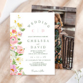 Invitation Monogramme blanc rose moderne Mariage floral