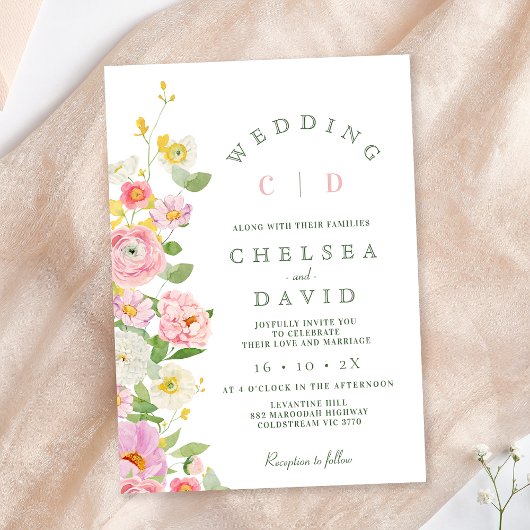 Invitation Monogramme blanc rose moderne Mariage floral