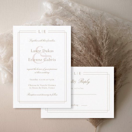 Invitation Monogramme blanc rose or Ampersand mariage moderne