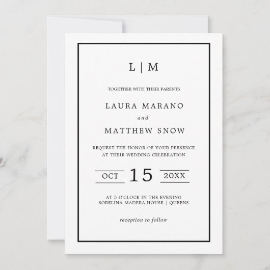 Invitation Monogramme blanc simple Mariage moderne (Devant)