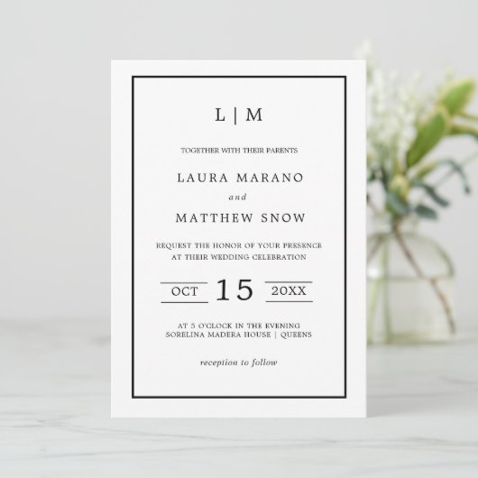 Invitation Monogramme blanc simple Mariage moderne (Debout devant)