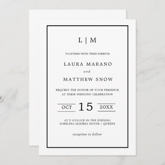 Invitation Monogramme blanc simple Mariage moderne (Devant / Derrière)