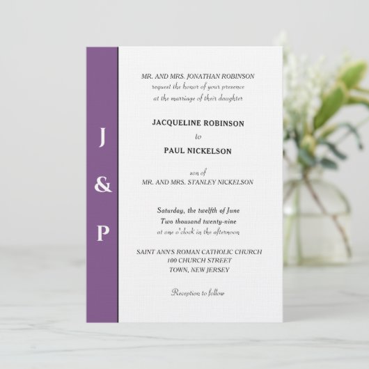 Invitation Monogramme blanc violet poussiéreux minimaliste (Debout devant)