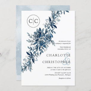 Invitation Monogramme bleu aquarelle lin fleuri mariage