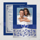 Invitation Monogramme Bleu, Argent Floral PHOTO Mariage Invit (Devant / Derrière)
