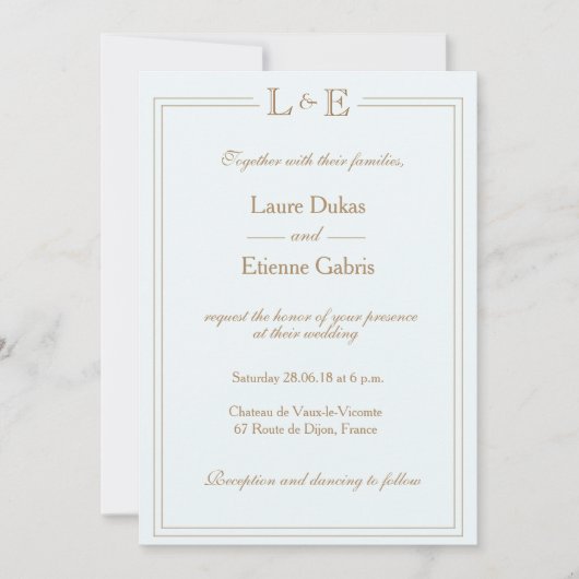 Invitation Monogramme bleu clair or gris moderne chic mariage (Devant)