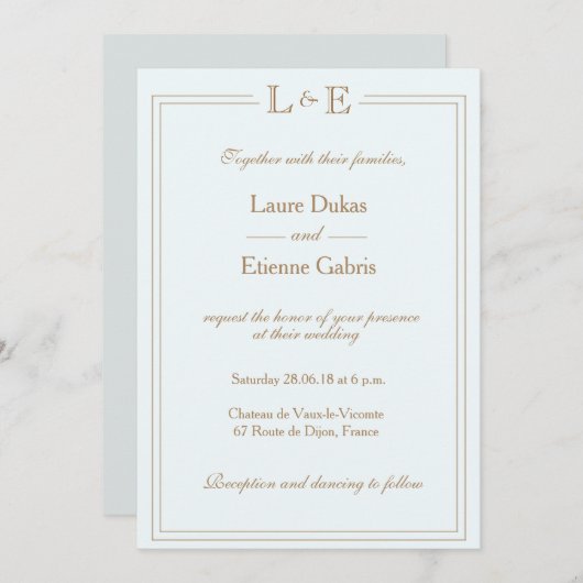 Invitation Monogramme bleu clair or gris moderne chic mariage (Devant / Derrière)