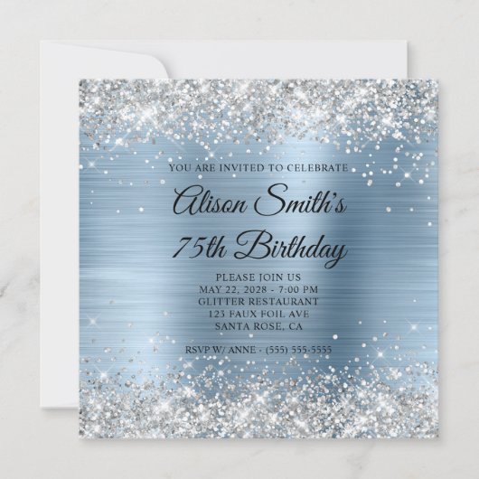 Invitation Monogramme bleu clair pailleté argent 75e annivers (Devant)