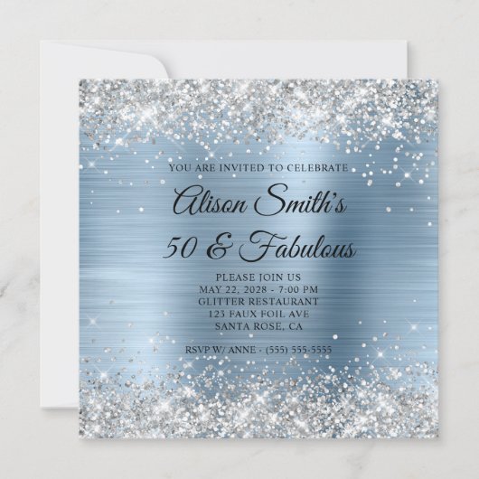Invitation Monogramme bleu clair Paillettes argentées 50 & Fa (Devant)