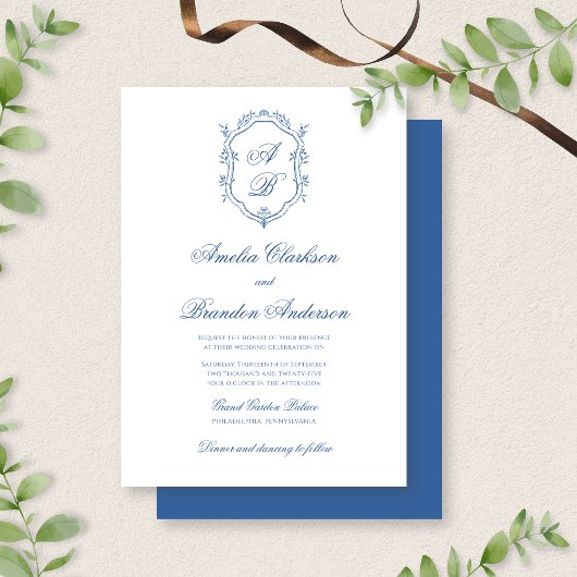 Invitation Monogramme bleu Crest & Mariage de script officiel