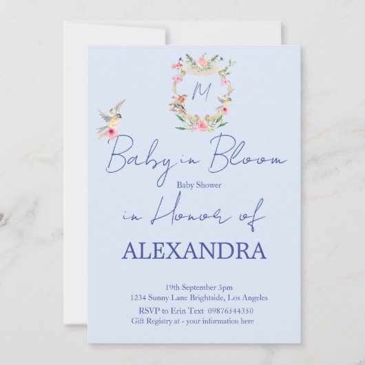 Invitation Monogramme bleu crête baby shower (Devant)
