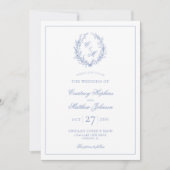 Invitation Monogramme Bleu Dusty, couronne Botanique Tout en (Devant)