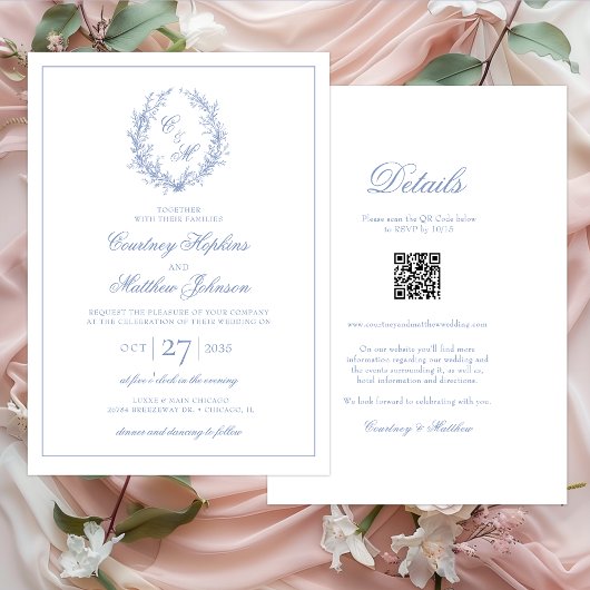 Invitation Monogramme Bleu Dusty, couronne Botanique Tout en 