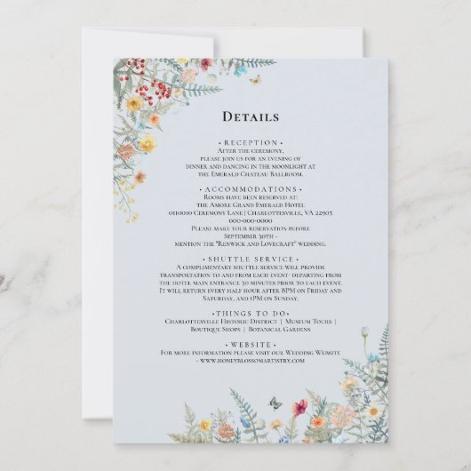 Invitation Monogramme Bleu Dusty Simple Fleur sauvage Détails (Dos)