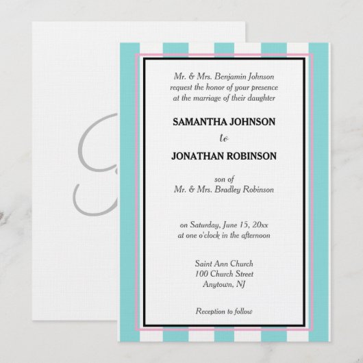Invitation Monogramme bleu écume de mer rose blanc rayures de (Devant / Derrière)