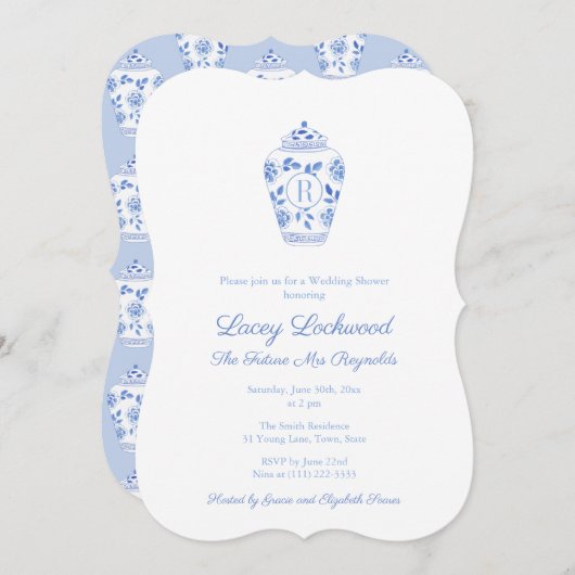 Invitation Monogramme Bleu Et Blanc Futur Mme Fête des mariée (Devant / Derrière)