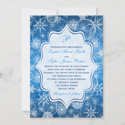 Invitation Monogramme bleu et flocons de neige blancs (Devant)