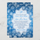 Invitation Monogramme bleu et flocons de neige blancs (Devant / Derrière)