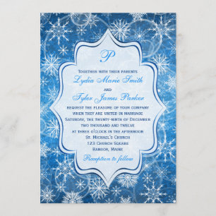 Invitation Monogramme bleu et flocons de neige blancs