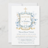 Invitation Monogramme bleu et or modifiable pour baptême (Devant)