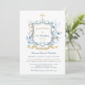 Invitation Monogramme bleu et or modifiable pour baptême (Debout devant)