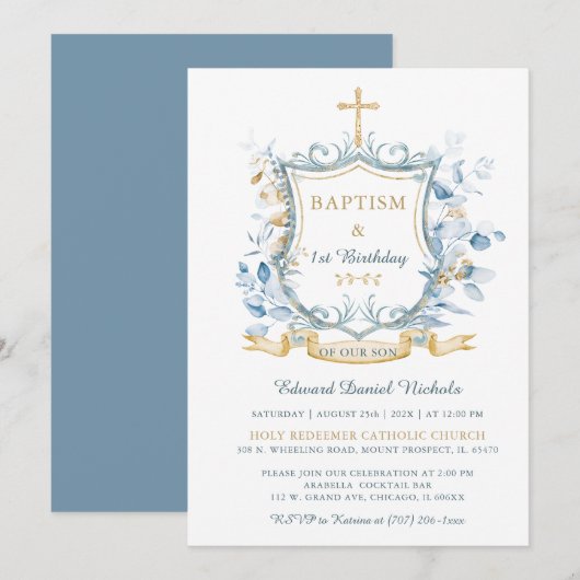Invitation Monogramme bleu et or modifiable pour baptême (Devant / Derrière)