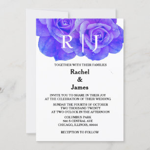 Invitation Monogramme Bleu Floral Fleurs Roses Mariage élégan