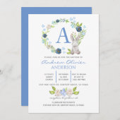 Invitation Monogramme Bleu Floral Verdure Baptême Garçon (Devant / Derrière)