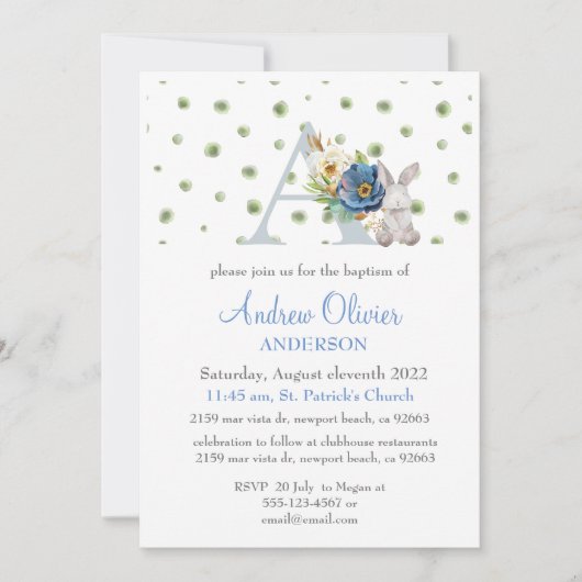 Invitation Monogramme Bleu Floral Verdure Baptême Garçon (Devant)