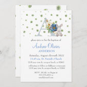 Invitation Monogramme Bleu Floral Verdure Baptême Garçon (Devant / Derrière)