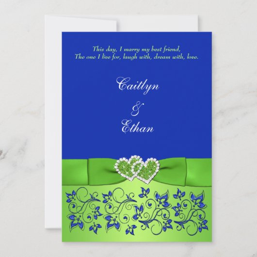 Invitation Monogramme Bleu, Flore verte, Coeurs Mariage Invit (Devant)