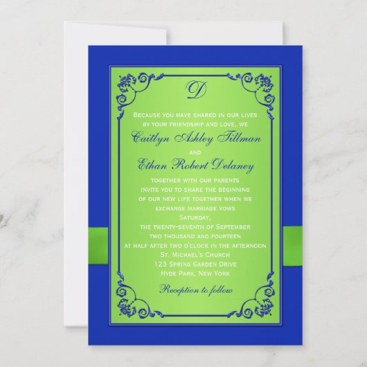 Invitation Monogramme Bleu, Flore verte, Coeurs Mariage Invit (Dos)
