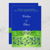 Invitation Monogramme Bleu, Flore verte, Coeurs Mariage Invit (Devant / Derrière)