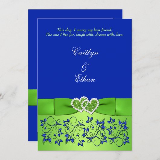 Invitation Monogramme Bleu, Flore verte, Coeurs Mariage Invit (Devant / Derrière)