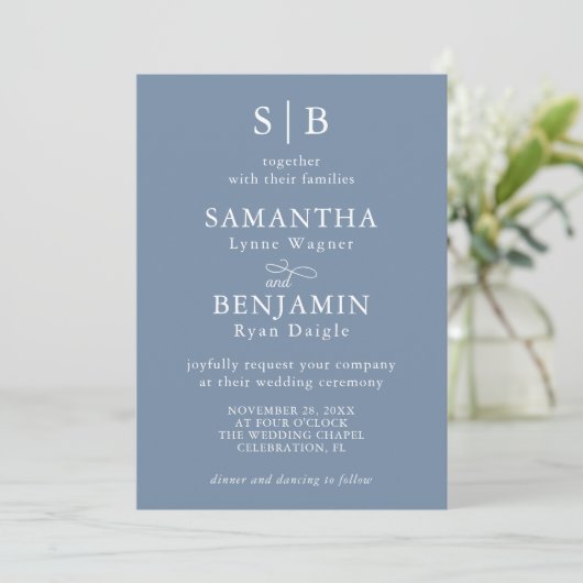 Invitation Monogramme bleu foncé classique Initiales Mariage (Debout devant)
