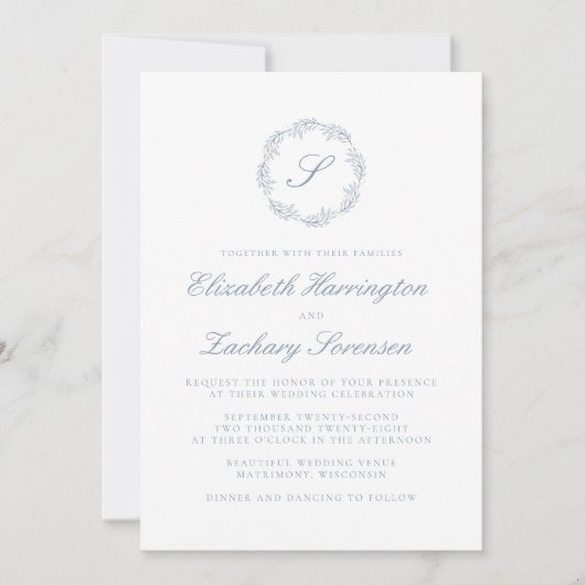 Invitation Monogramme bleu foncé classique Script de couronne (Devant)