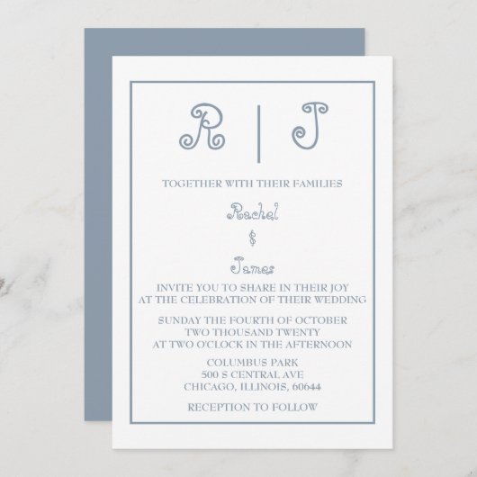 Invitation Monogramme bleu foncé Élégant Script Mariage minim (Devant / Derrière)