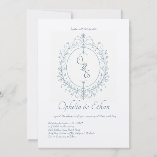 Invitation Monogramme bleu français mariage d'écusson victori (Devant)