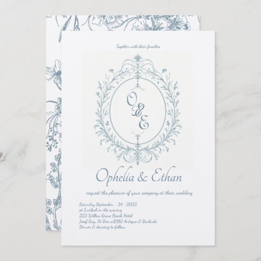 Invitation Monogramme bleu français mariage d'écusson victori (Devant / Derrière)