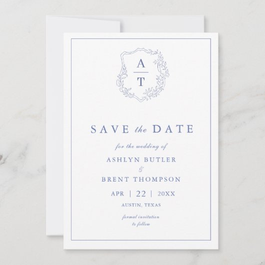 Invitation Monogramme bleu Mariage Enregistrer la date (Devant)