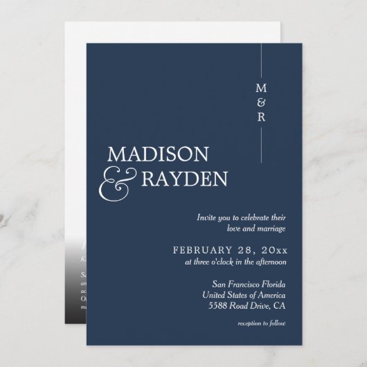 Invitation Monogramme bleu marine moderne Photo QR Code Maria (Devant / Derrière)