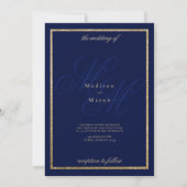 Invitation Monogramme bleu marine or initiales thème mariage (Devant)