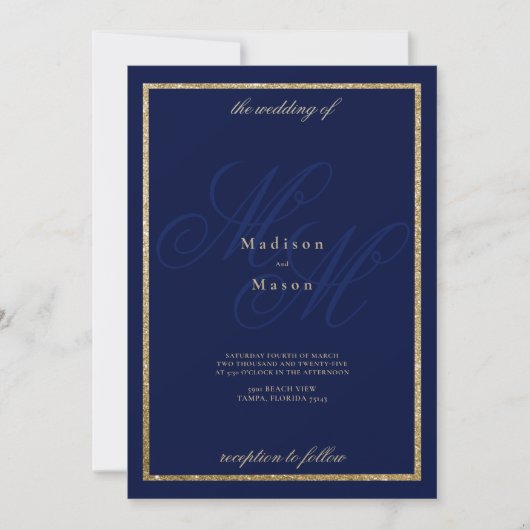 Invitation Monogramme bleu marine or initiales thème mariage (Devant)