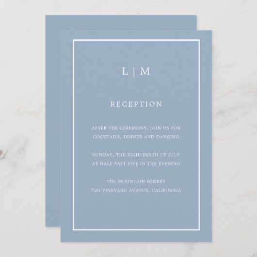Invitation Monogramme bleu minimal Mariage simple et élégant (Devant / Derrière)