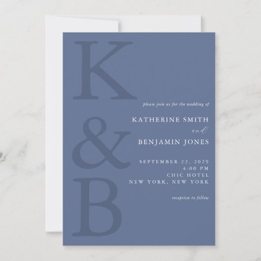 Invitation Monogramme bleu moderne Mariage minimaliste (Devant)