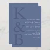 Invitation Monogramme bleu moderne Mariage minimaliste (Devant / Derrière)