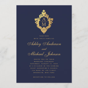Invitation Monogramme Bleu Nuit Faux Or Couronne de Mariage V