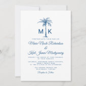Invitation Monogramme Bleu Palmier Formal Beach Mariage (Devant)